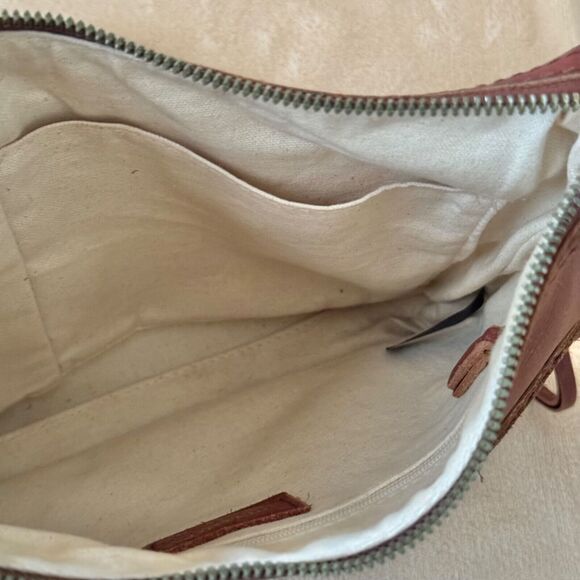 Margot NY Mary Scoop Crossbody Leather Purse Double Zipper Brandy Brown - Picture 9 of 13